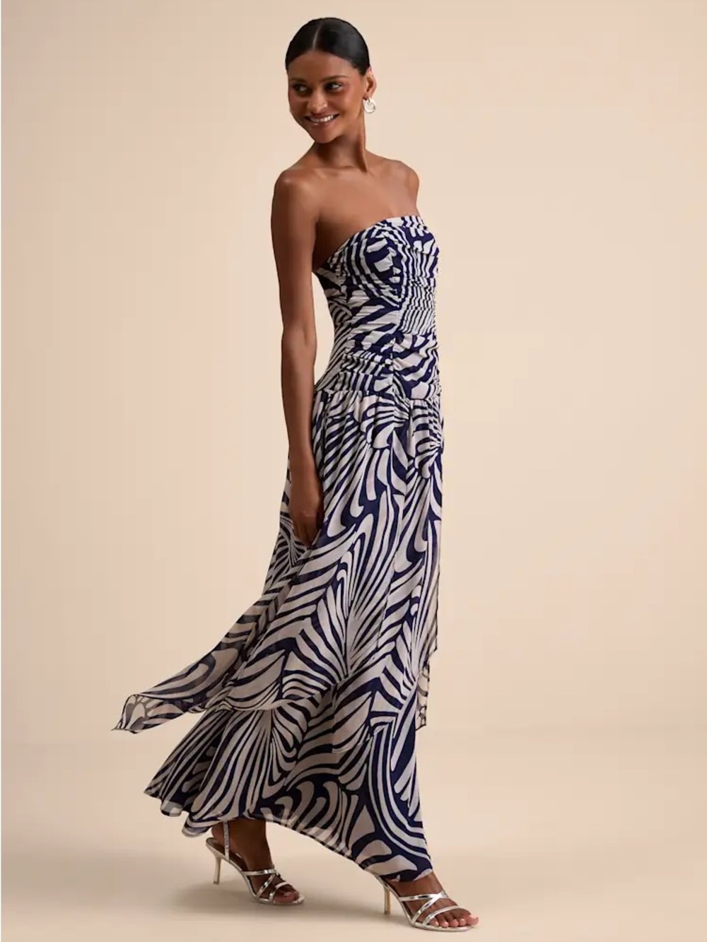 Lulus Calista Navy Print Ruched Drop Waist Maxi Dress